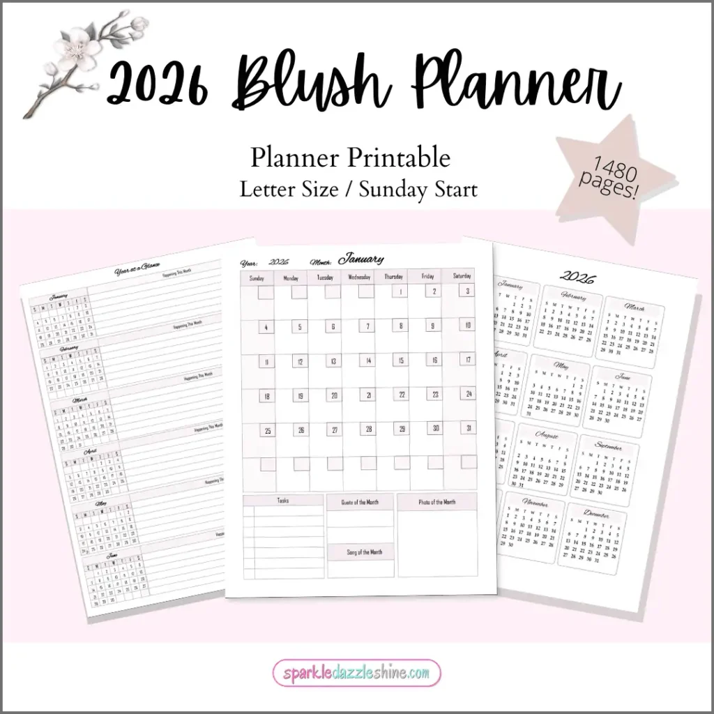 2026 Blush Planner monthly calendar pages in blush tones with task lists, quotes, and photo spaces for easy planning.