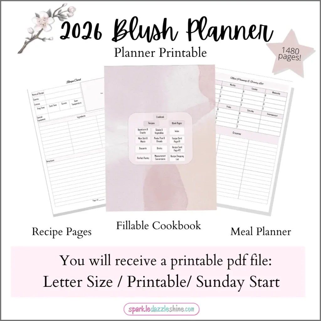 2026 Blush Planner printable recipe pages and fillable meal planner layouts with soft pink backgrounds and minimalist design.