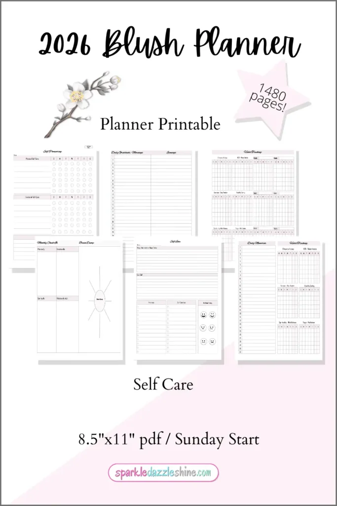 2026 Blush Planner journal pages with contacts and password trackers, clean minimalist lines, and elegant blush design.