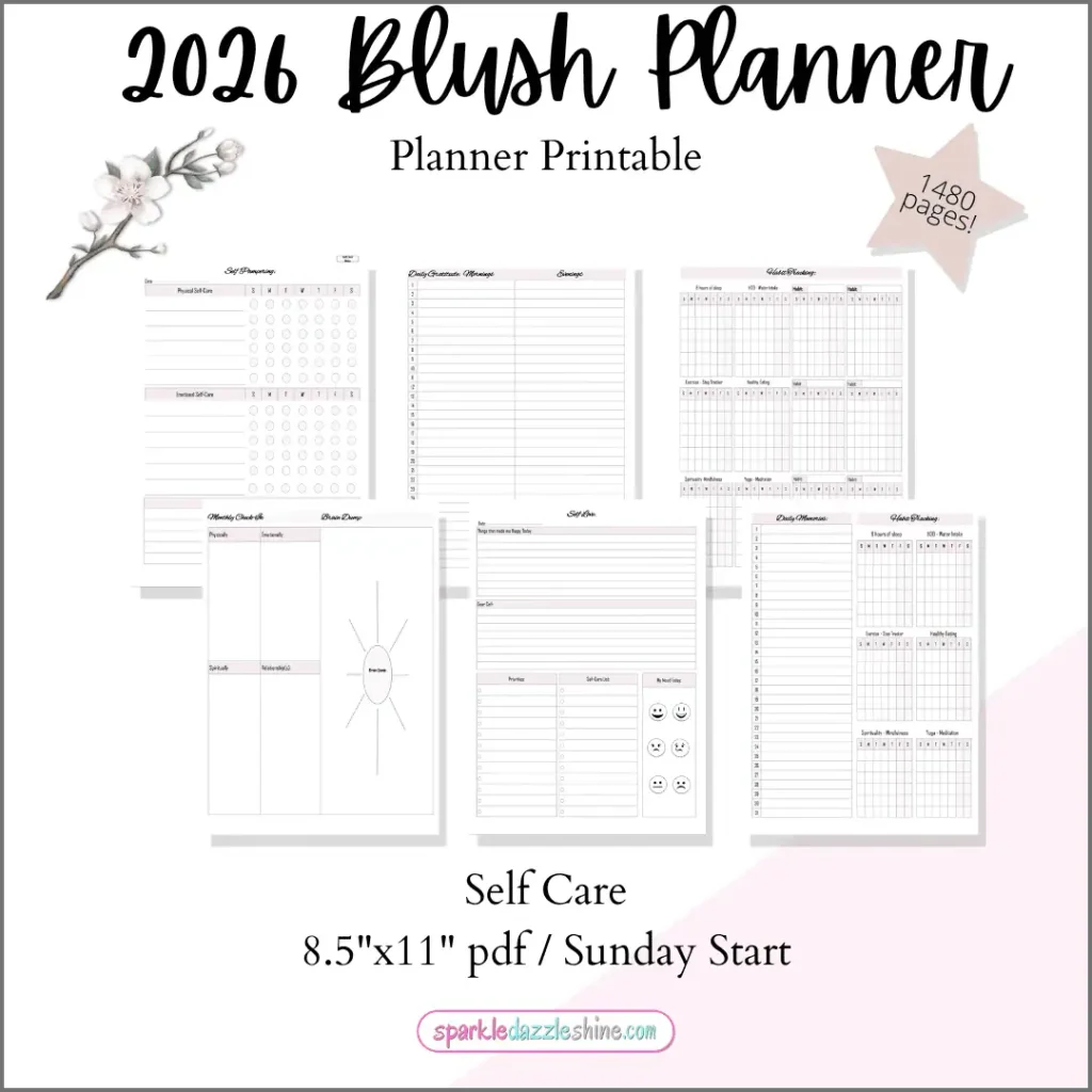 2026 Blush Planner self care worksheets featuring goal tracking, habit checklists, and wellness reflections in soft blush tones.