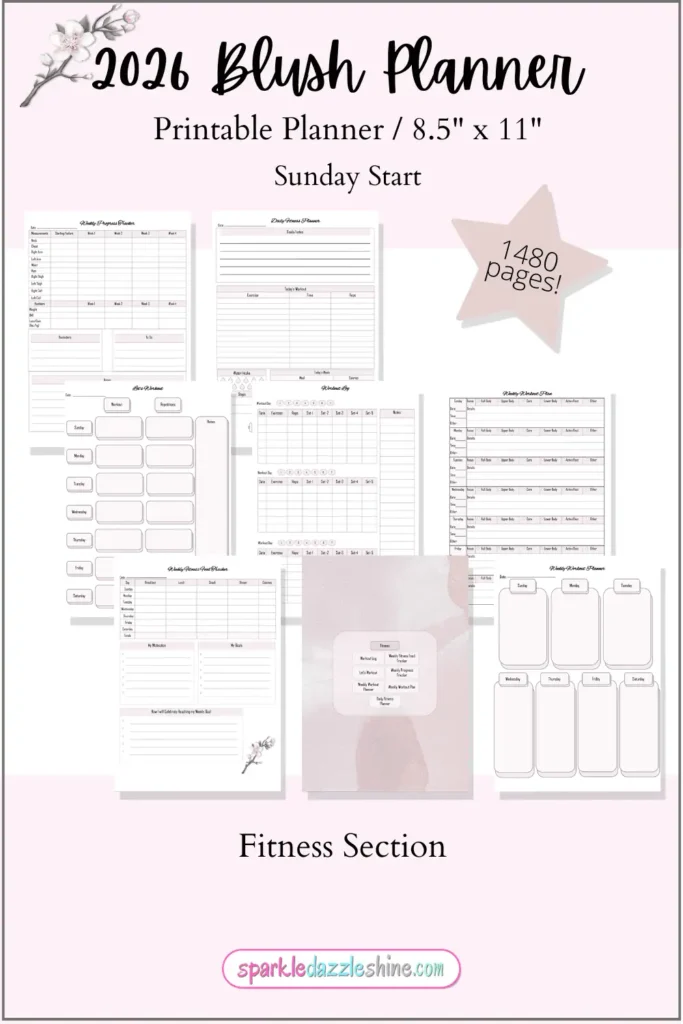 2026 Blush Planner journal pages with contacts and password trackers, clean minimalist lines, and elegant blush design.
