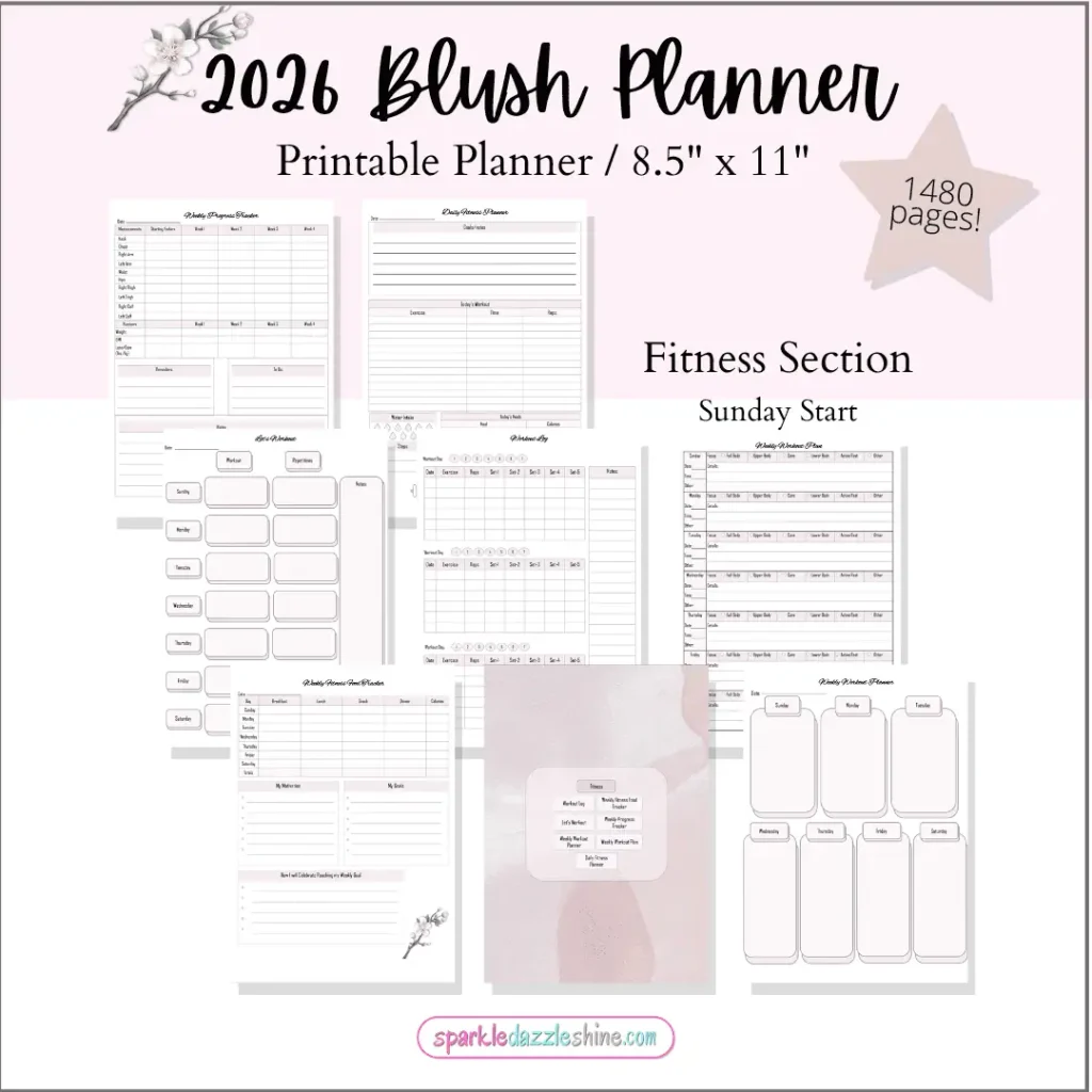 2026 Blush Planner fitness tracker pages with daily workout logs, progress charts, and weekly planner templates.