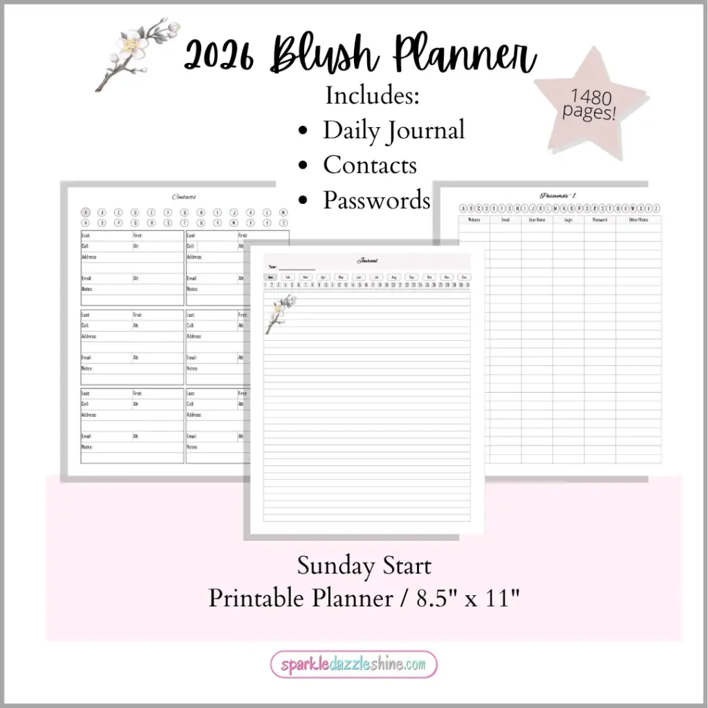 2026 Blush Planner journal pages with contacts and password trackers, clean minimalist lines, and elegant blush design.