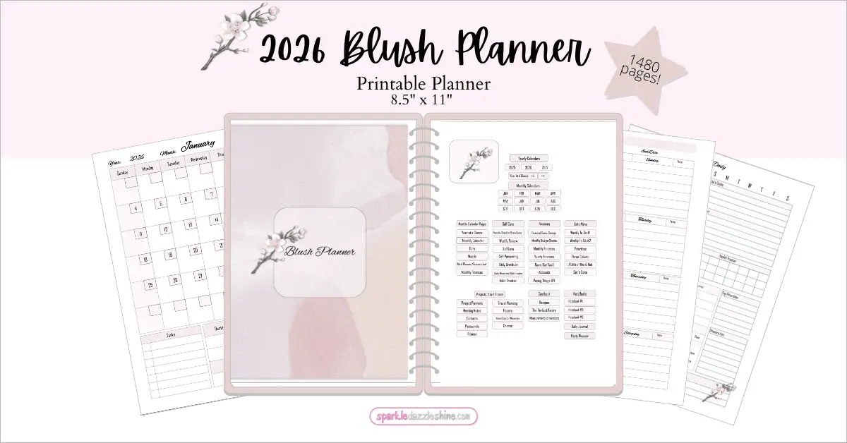 2026 Blush Planner journal pages with contacts and password trackers, clean minimalist lines, and elegant blush design.