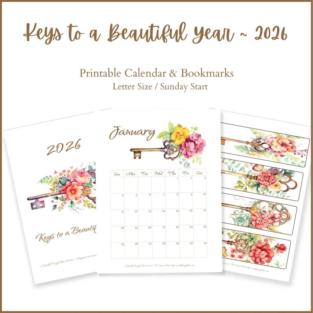 Image showing 3 different pages of the Keys to a Beautiful Year 2026 Calendar and bookmarks