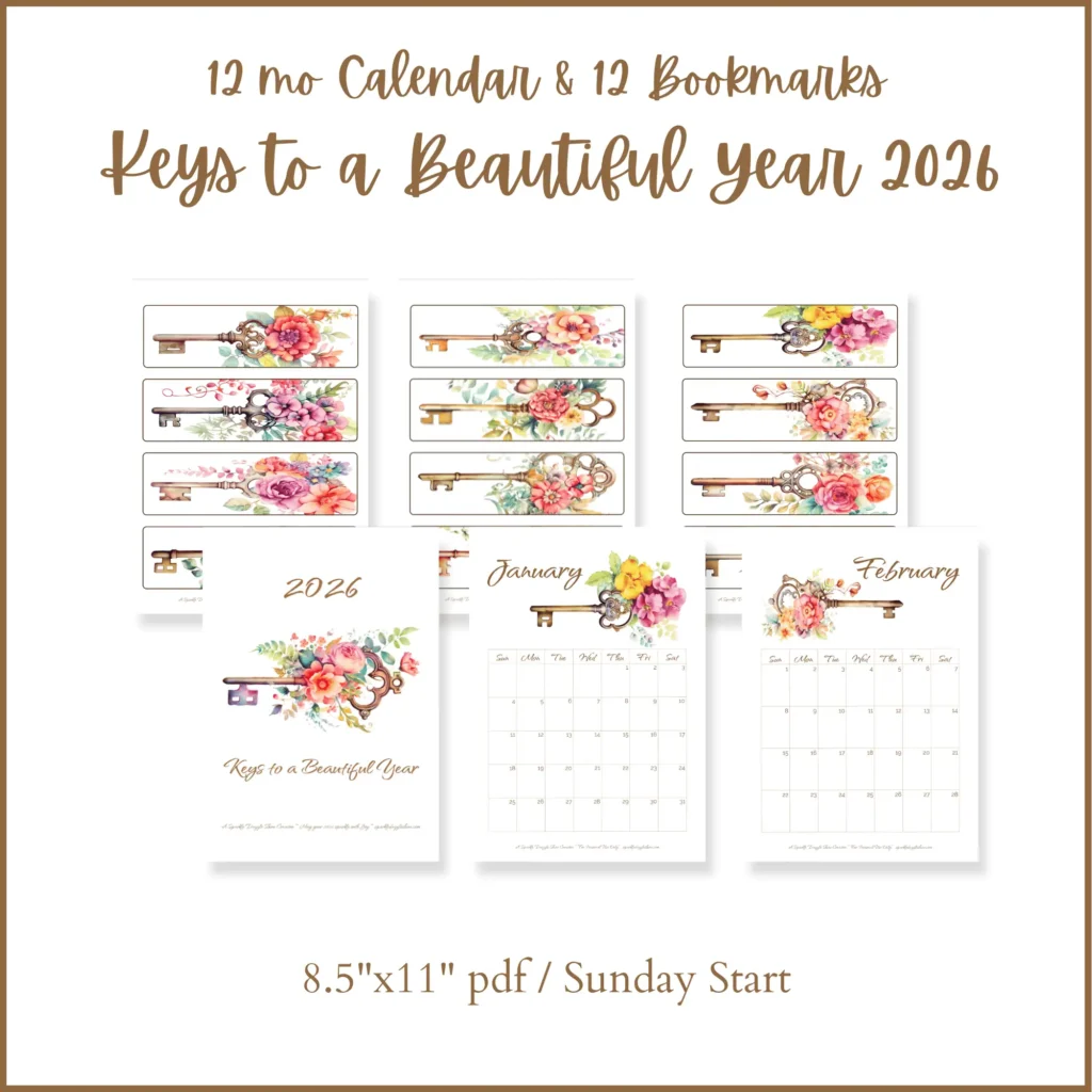 Image showing 6 different pages of the Keys to a Beautiful Year 2026 Calendar and bookmarks