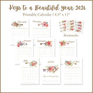 Image showing 11 different pages of the Keys to a Beautiful Year 2026 Calendar and bookmarks