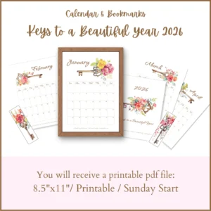 Image showing 6 different pages of the Keys to a Beautiful Year 2026 Calendar and bookmarks