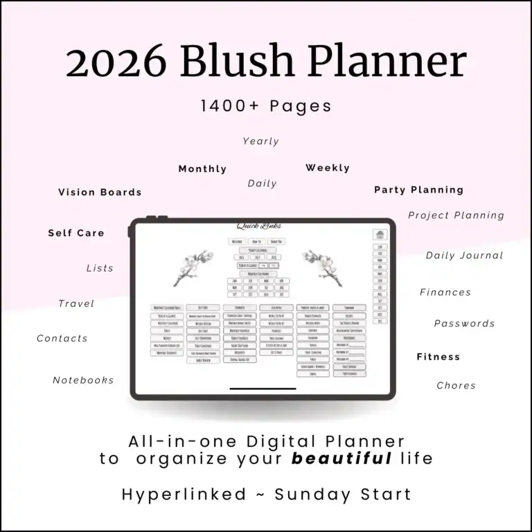2026 Blush Digital Planner with 1400+ fully hyperlinked pages for yearly, monthly, weekly, and daily planning