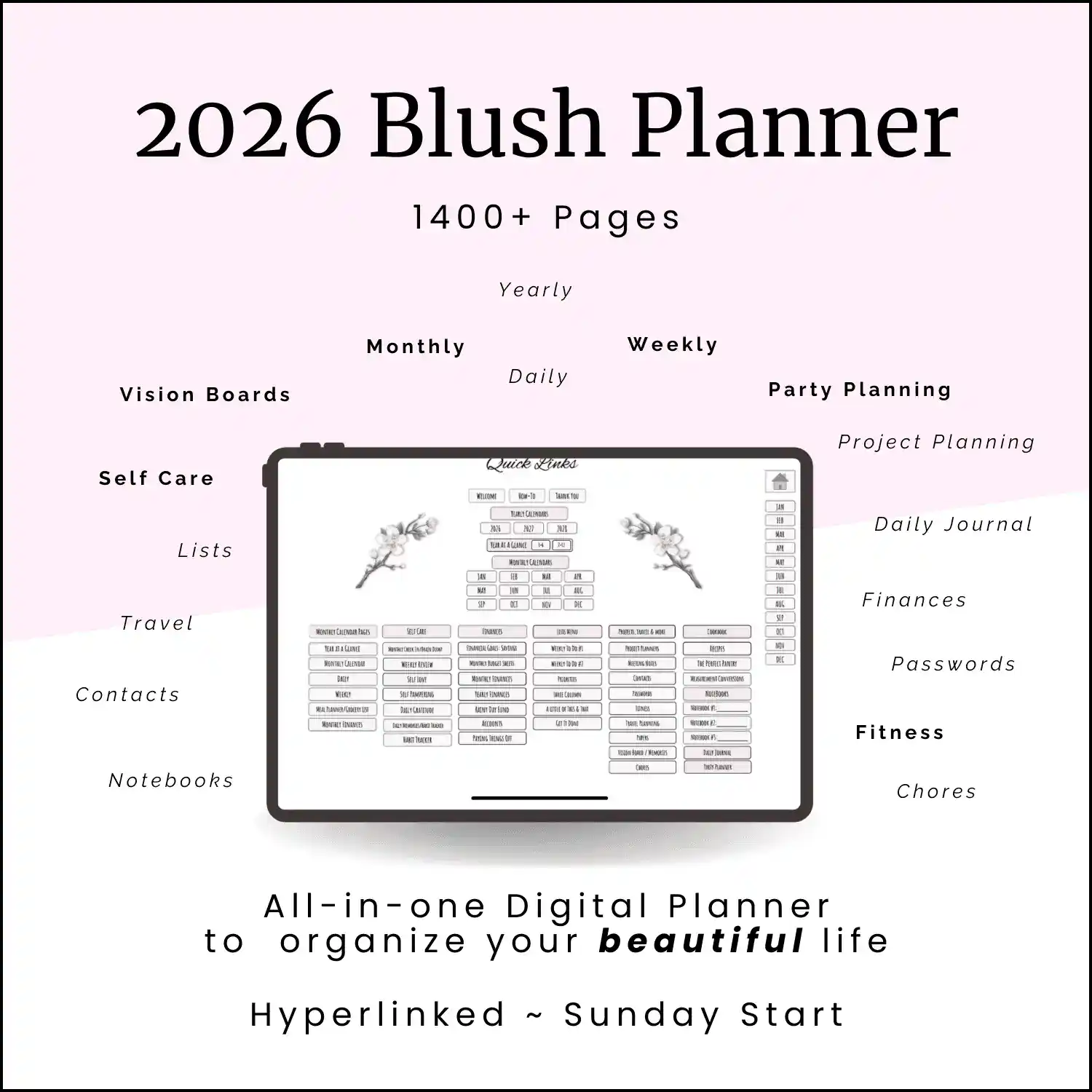 2026 Blush Digital Planner with 1400+ fully hyperlinked pages for yearly, monthly, weekly, and daily planning