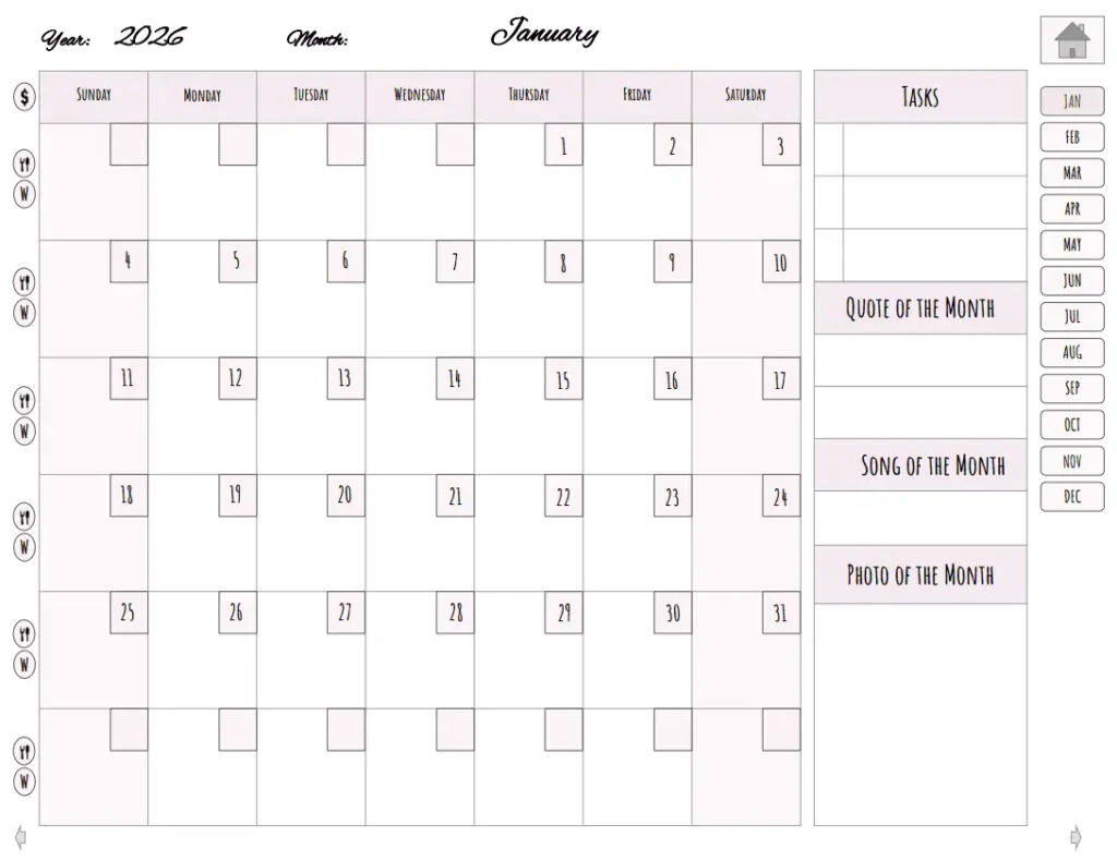 Blush Digital Planner Calendar page