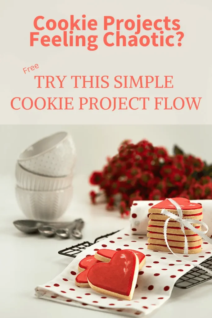 Image of stacked sugar cookies, bowls, measure spoons, and small flowers