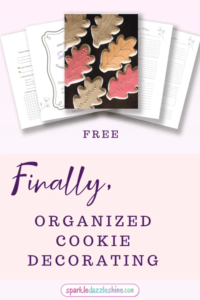 Pin for Cookie Project Flow. Image of leaf sugar cookies on top of stacked pages of the guide