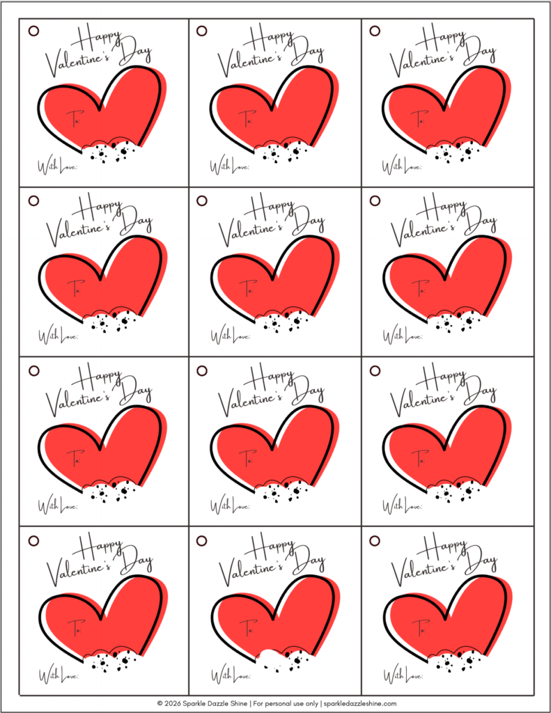 Playful Valentine Sugar Cookies free gift tags for 8.5" x 11" page with 12 gift tags.