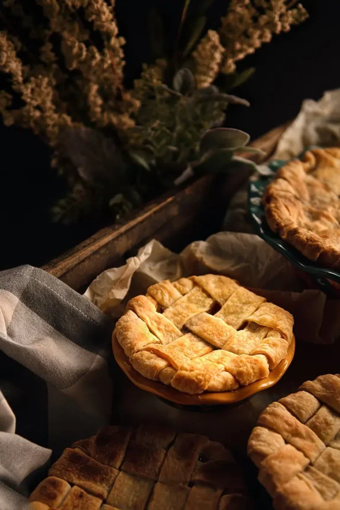 Best Flaky Pie Crust photo of 4 baked pies, wooden box and flowers.