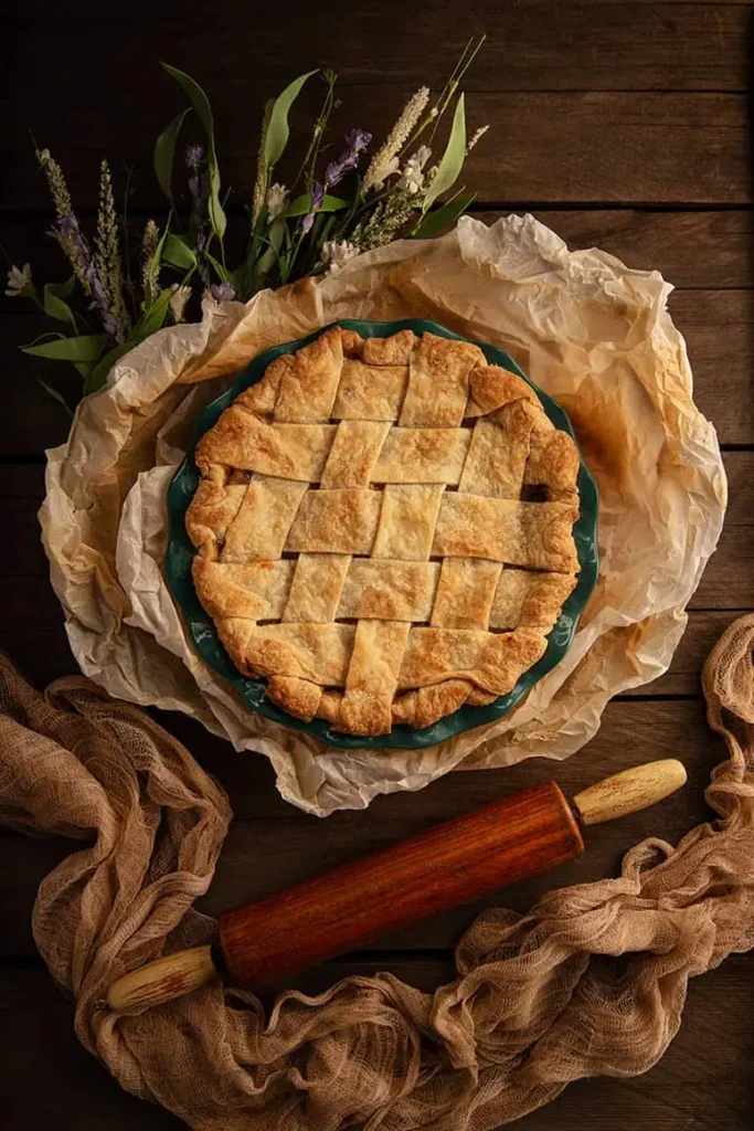 Baked apple pie with lattice top crust. Pie plate is resting on wrinkled parchment paper, vintage rolling pin, and fabric.