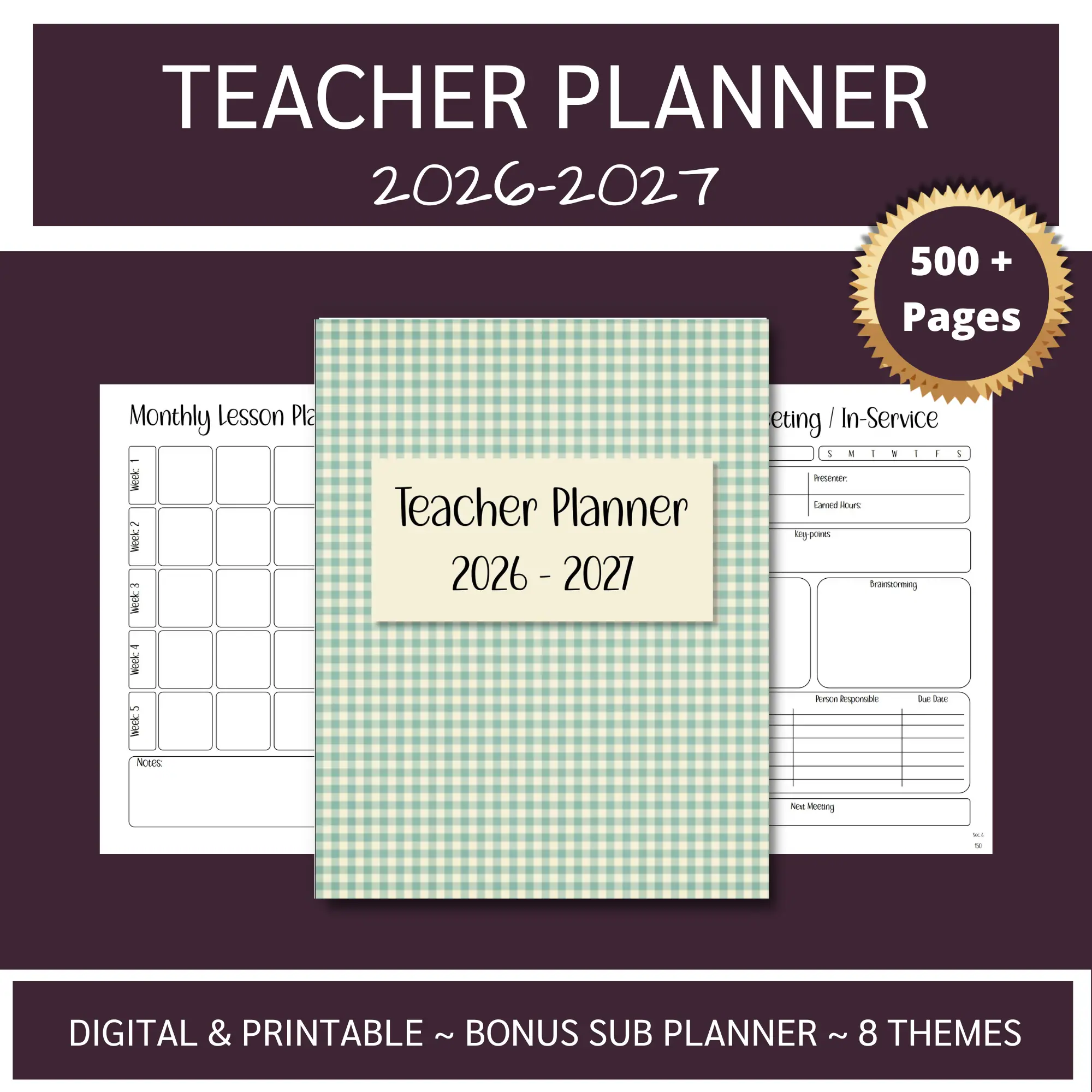 Cover image of the 2026-2027 Teacher Planner. Also, partially showing Monthly Lesson Plan and In-Service