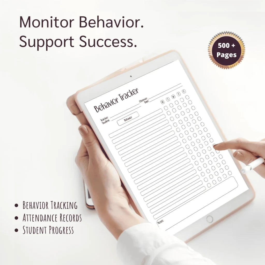 A woman holding an iPad open to the Behavior Tracker of the 2026-2027 Teacher Planner.