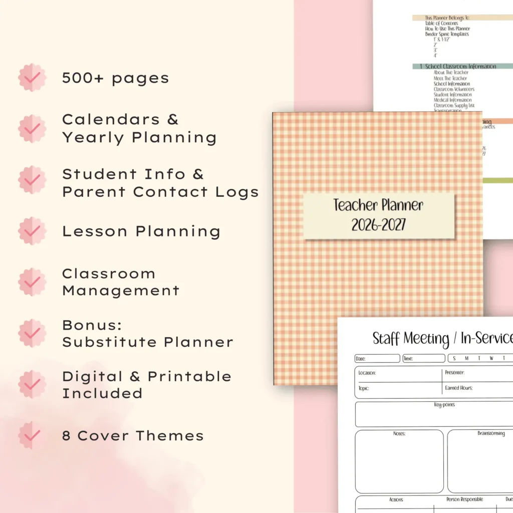 A short list of items included in the 2026-2027 Teacher Planner, also showing one of the covers, Staff Meeting and Table of Contents.