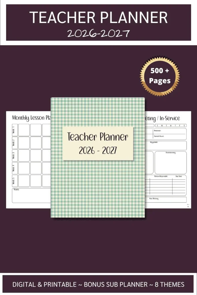 Pinterest Pin image showing the cover and partial images of two other pages in the 2026-27 Teacher Planner