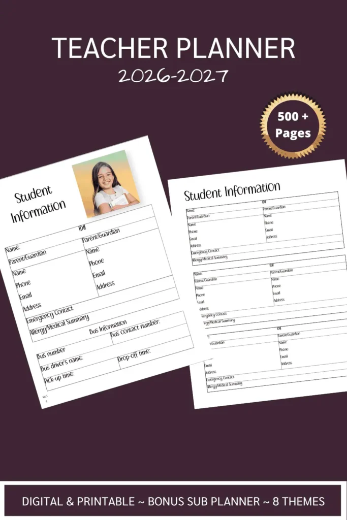 Pinterest Pin image for the 2026-2027 Teacher Planner. This includes Student Information Sheets