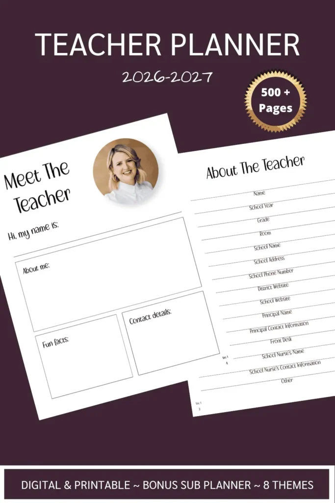 Pinterest pin for the 2026-2027 Teacher Planner. Show sheets for the Meet The Teacher and About the Teacher