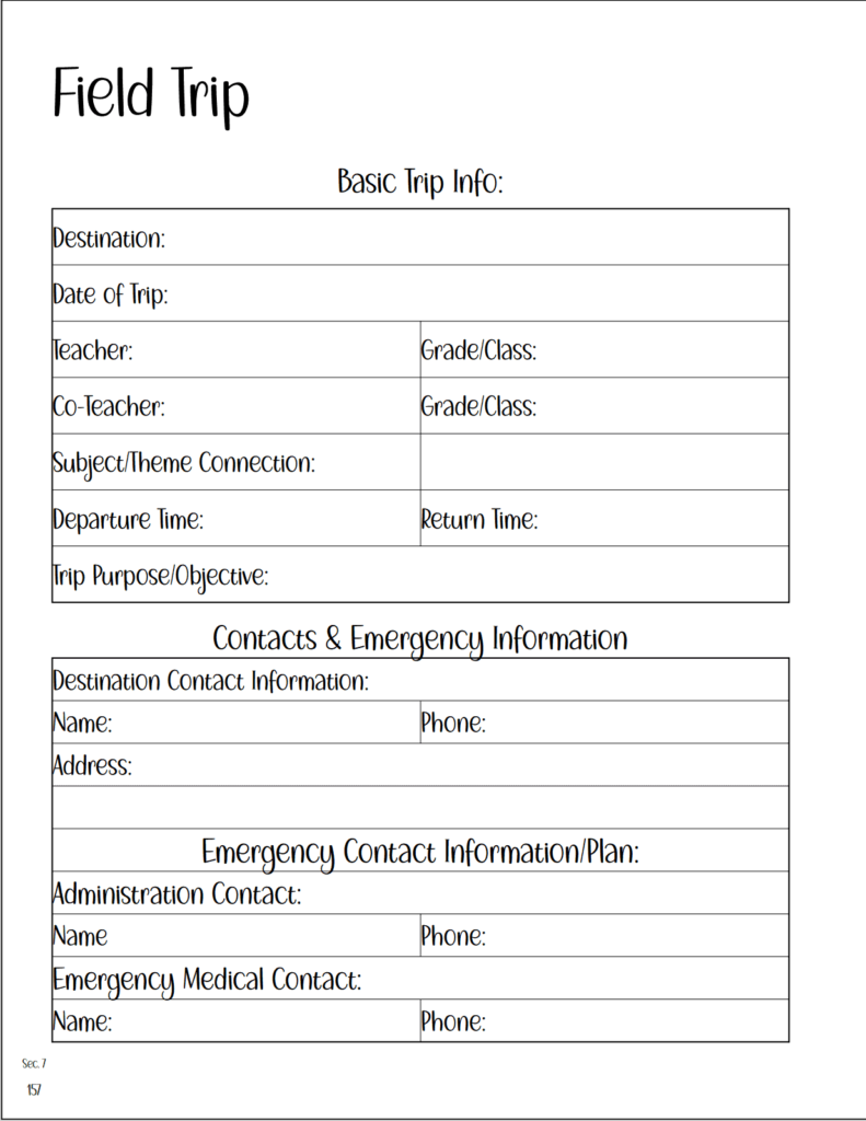 2026-2027 Teacher Planner, Field Trip Info